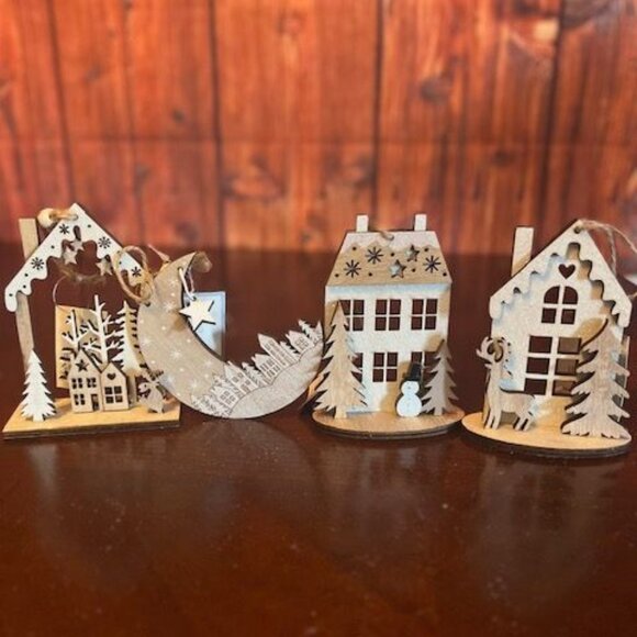 Set Of 4 Wooden Christmas House christmas Ornaments With Reindeer , Snowman,moon - Picture 1 of 11